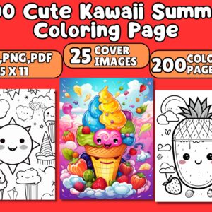 Best Seller 200 Cute Kawaii Summer Coloring Pages for Kids & Adults - Printable Digital PDF | Instant Download | Popular Item