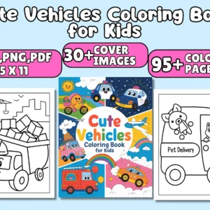Cute Vehicles Coloring Book , Book for Kids , Cute Coloring Pages for Boys , Easy Coloring Pages.