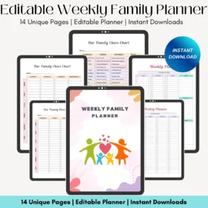 Editable Weekly Family Planner: Chore Chart, Meal Plan