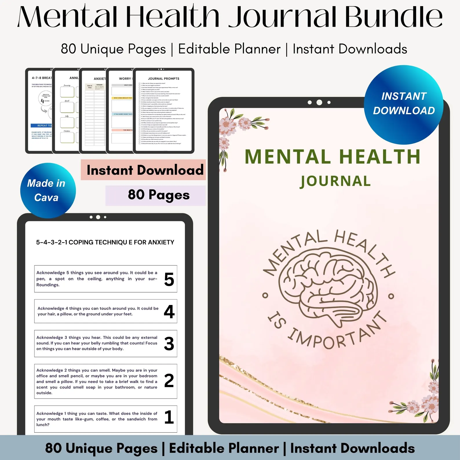Mental Health Journal Bundle for Commercial Use Printable Journal and Editable Template Anxiety and Depression Journal Stress Journal - Image 4