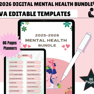 2025-2026 Mental Health Planner Bundle: Self Care Journal & Wellness Templates