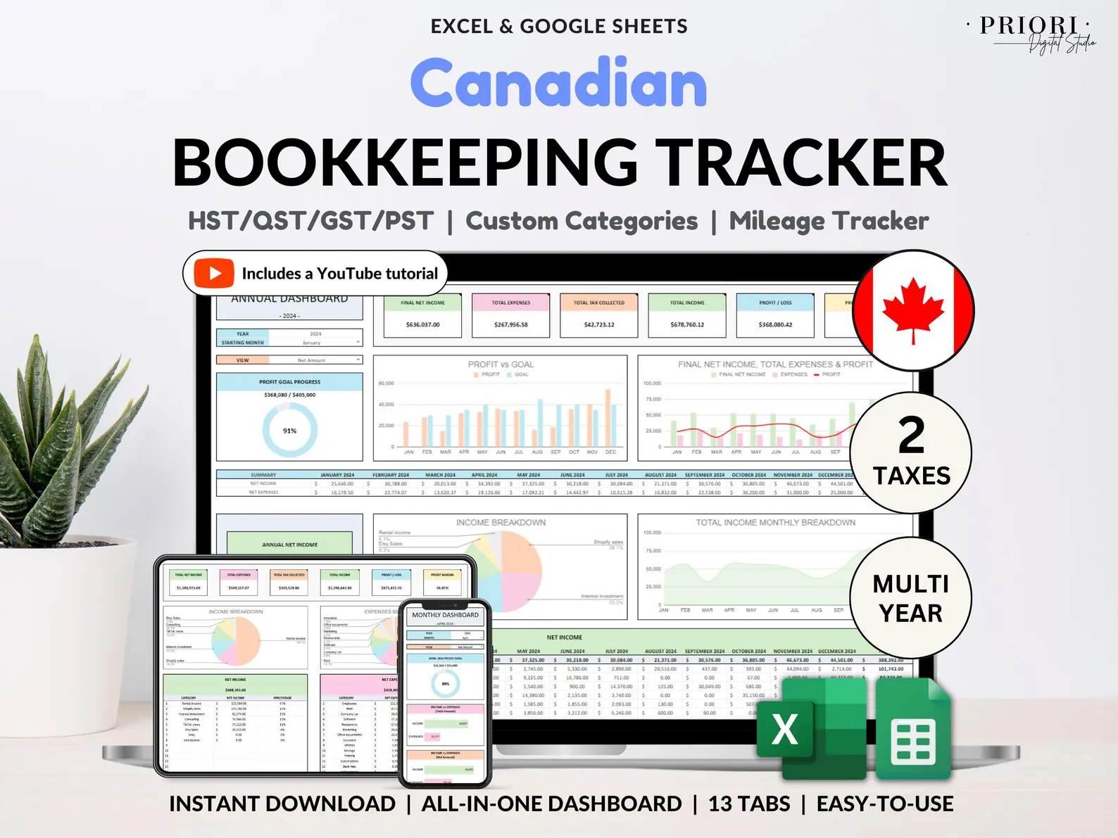 Canadian Bookkeeping Spreadsheet for Small Business Income Expense Tracker Tax Tracker Accounting Template Mileage Business Profit & Loss - Image 11