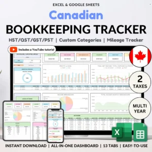 Canadian Bookkeeping Spreadsheet for Small Business Income Expense Tracker Tax Tracker Accounting Template Mileage Business Profit & Loss