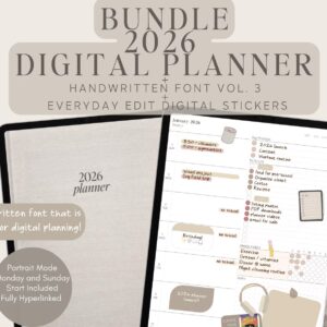 2026 Digital Planner + Handwritten Font + Digital Stickers by Allie Marie Digital, Portrait, Goodnotes