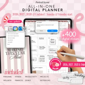Portrait Digital Planner 2026 2027 2028 & Undated, Goodnotes Planner, Daily Planner, Weekly Planner, Notability Planner, iPad Planner