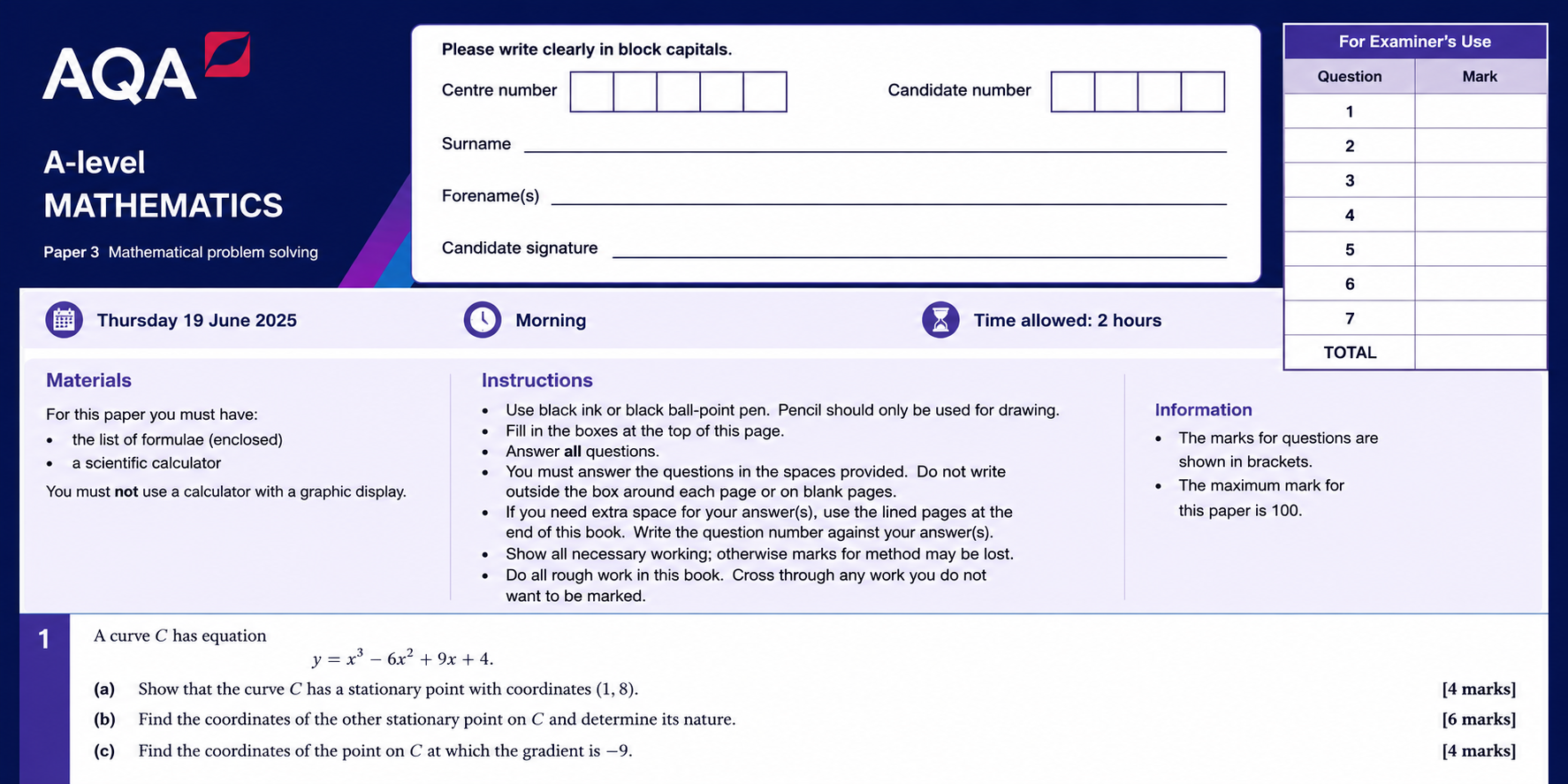 AQA A level Maths Paper 3 2025 Question Paper